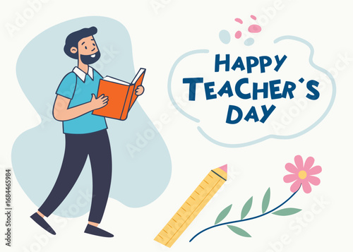 Vector art of man reading book with happy teachers day text and pencil illustration, celebrating education and teachers