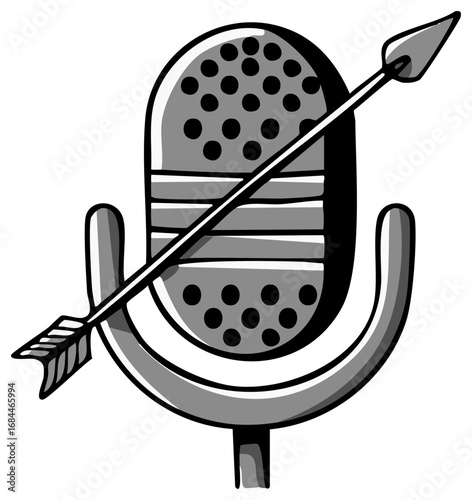 Hand drawn retro microphone pierced by an arrow conceptual icon