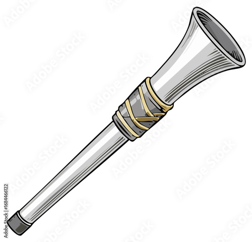 Vector illustration of a long silver medieval fanfare horn or ceremonial trumpet