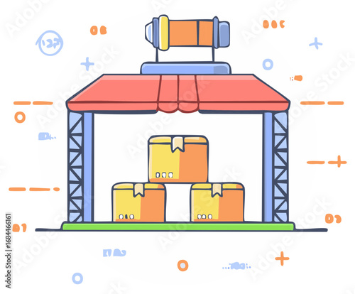 Colorful cartoon illustration of a logistics warehouse with stacked cardboard boxes and inventory