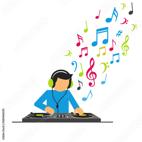 Creative DJ with Colorful Musical Notes Floating, Abstract Digital Illustration