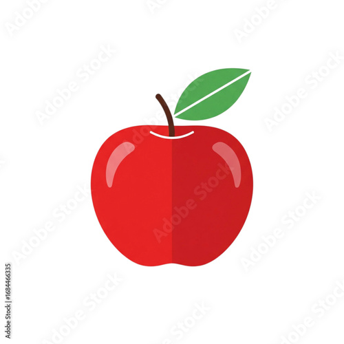 A clean, flat vector illustration of a shiny red apple with a green leaf, perfect for food, nutrition, and healthy eating concepts.