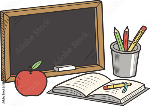 Vector art of blackboard with apple, open book, and pencils in a cup, representing school and education