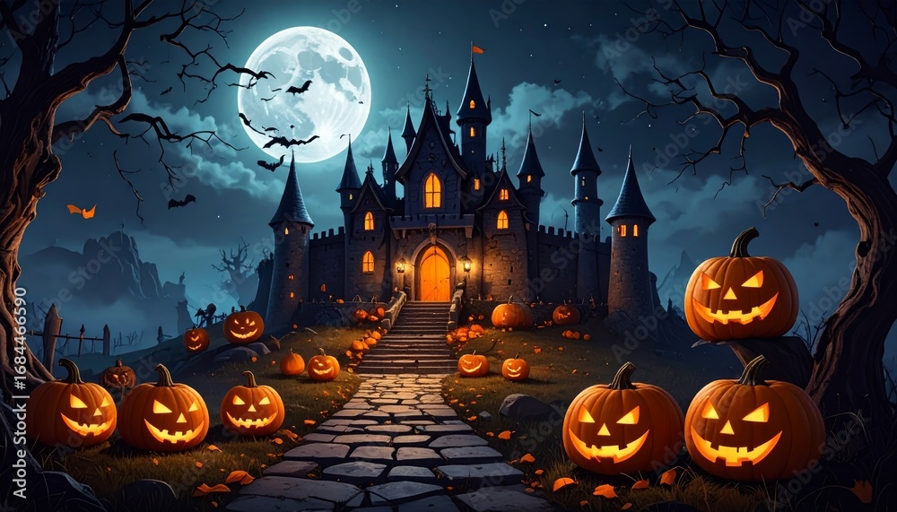 Fototapeta premium A spooky Halloween night illustration with a haunted castle, jack-o'-lanterns, and bats silhouetted against a full moon