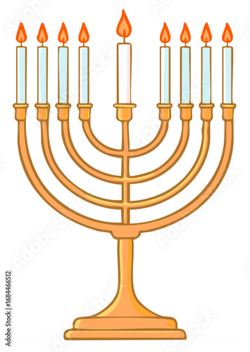 Golden Hanukkah Menorah with Lit Shamash Candle Festive Jewish Celebration Symbol Illustration