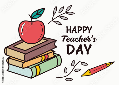 Vector art of happy teachers day illustration featuring books, an apple, and a pencil, conveying appreciation for educators and their impactful role