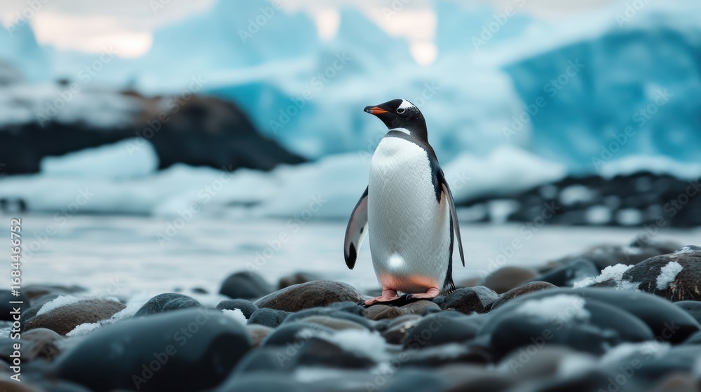 Fototapeta premium Gentoo Penguin on Antarctic Rocks, Majestic Scene