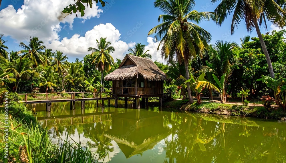 Fototapeta premium Tropical hut by a calm pond