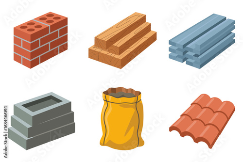 Construction material vector illustrations, brick stacks wood boards concrete blocks cement bag roof tiles building supply icons