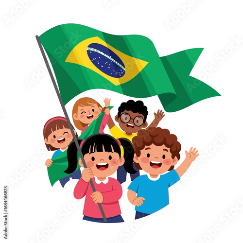 Festive brazilian patriotic celebration illustration with happy children waving flags together for