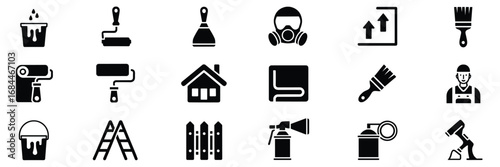 Home Improvement and Painting Icon Set – Black Line Icons for DIY, Renovation, and Interior Design