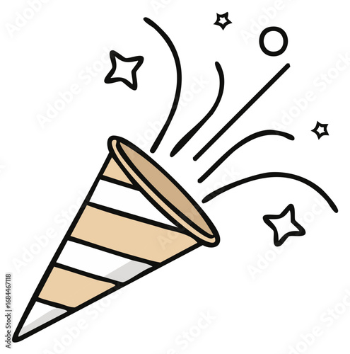 Celebration icon of striped party popper with confetti and stars for events