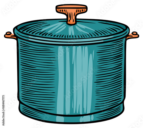 Stylized blue cooking pot with lid, enameled cast iron cookware vector illustration