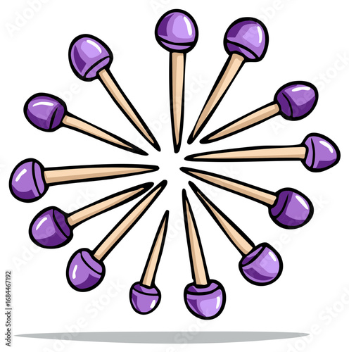 Cartoon illustration of purple sewing pins arranged in a radial sunburst pattern