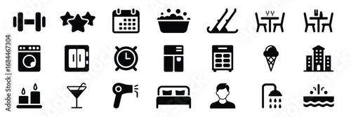 Hotel Amenities Icon Set – Black Line Icons for Hospitality, Travel, and Guest Services
