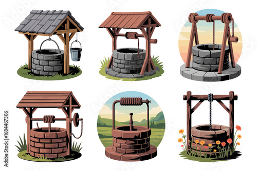 Decorative vintage well vector set, stone well with wooden roof bucket pulley garden scene water feature icons
