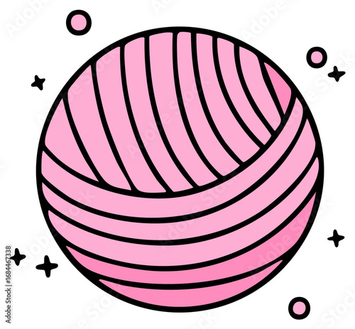 Cute cartoon pink yarn ball with stars and circles, knitting and crochet concept