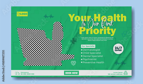 Modern healthcare advertising poster emphasizing patient well being and accessibility with a doctor s stethoscope and laptop