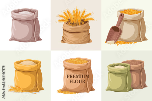 Flour and grain bag vector set, premium flour sacks wheat pile burlap bags milling storage agricultural harvest icons