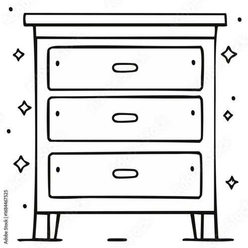 Simple Black and White Line Drawing of a Three-Drawer Dresser with Sparkle Accents
