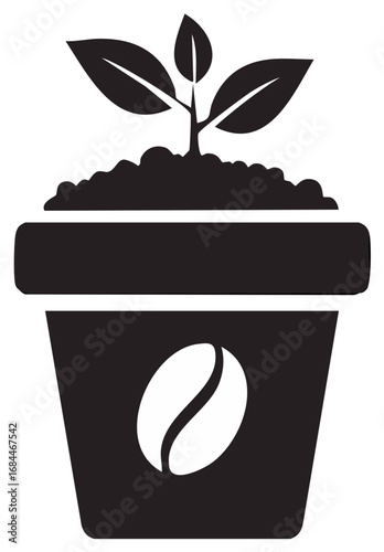 Potted plant with coffee bean icon on a pot symbolizing growth and origin