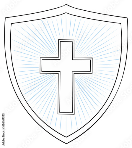 Christian Cross Shield with Radiating Light Rays Outline Illustration