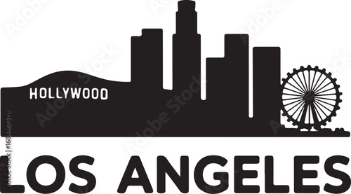 Iconic Los Angeles skyline silhouette with Hollywood landmark and Ferris wheel, perfect for travel.