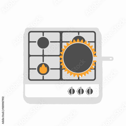 Stylized illustration of a compact gas stove top with pan and activated burner
