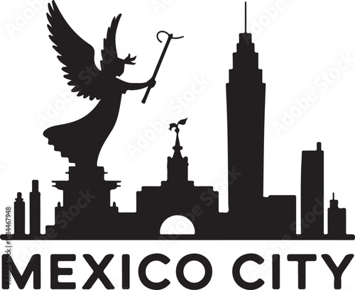 Iconic Mexico City skyline silhouette with Angel of Independence, modern architecture, and bold text.