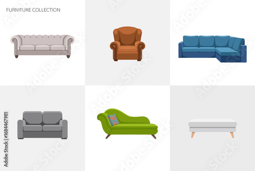 Living room furniture vector collection, modern sofa loveseat armchair chaise ottoman, interior decor furniture icons, home comfort illustrations