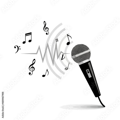 Microphone emitting sound waves amidst musical notes, representing vibrant audio performance