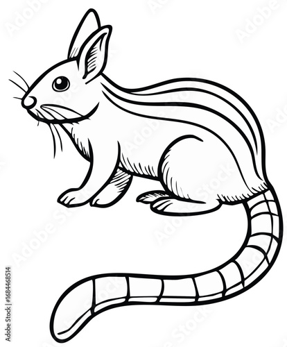 Simple black and white line art illustration of a cute striped chipmunk