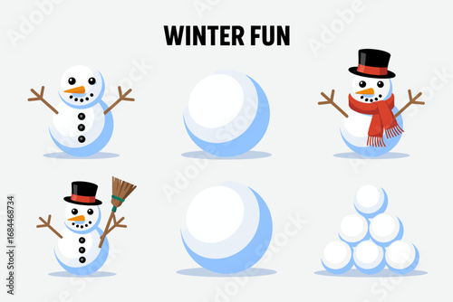 Winter play snowman and snowball set, cheerful snowman poses, stacked snowballs, snowy hat and scarf, seasonal activity icons