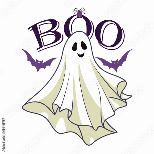 Friendly ghost with bats and boo text halloween purple