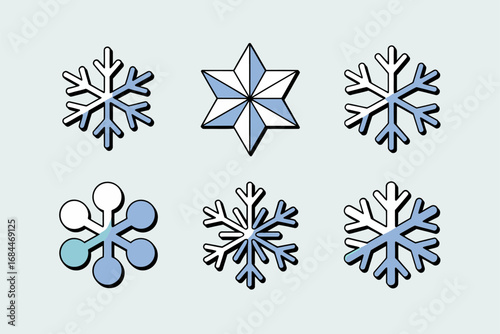 Artistic snowflake emblem pack, geometric winter crystal icons, ornamental frost motifs, festive ice patterns, decorative seasonal symbols