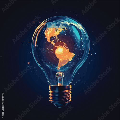 Earth Hour, Energy conservation futuristic concept with planet Earth inside of lighbulb , vector style simple color