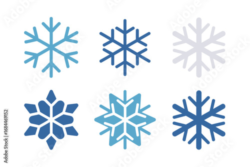 Blue snowflake vector collection, decorative icy star motifs, winter ornament patterns, frozen crystal emblem set, seasonal designs