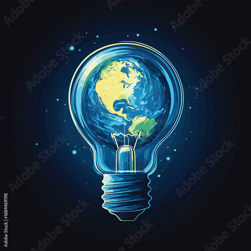 Earth Hour, Energy conservation futuristic concept with planet Earth inside of lighbulb , vector style simple color