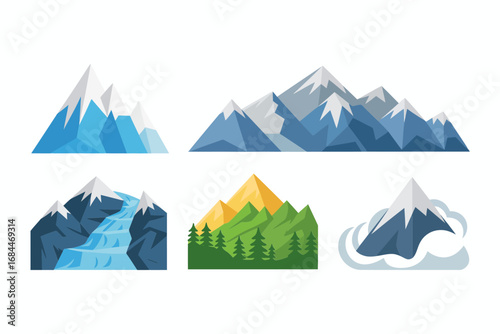 Mountain landscape vector illustrations, alpine peaks and valley scenes, glacier river cascades, scenic highland nature backgrounds pack