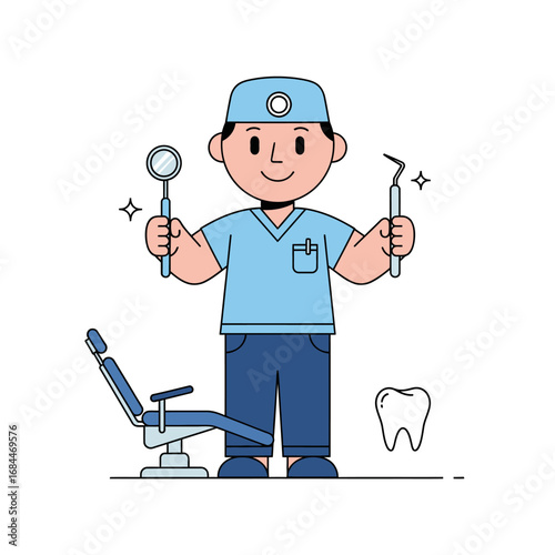 Cheerful dentist with tools for oral care ready to provide dental service to patients