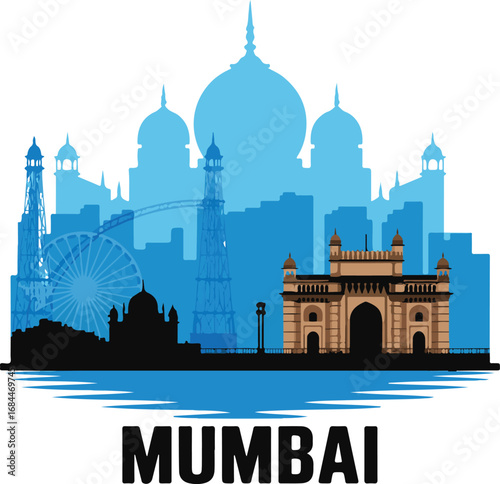 Iconic Mumbai skyline featuring Gateway of India and Ferris wheel, a vibrant urban travel destination.