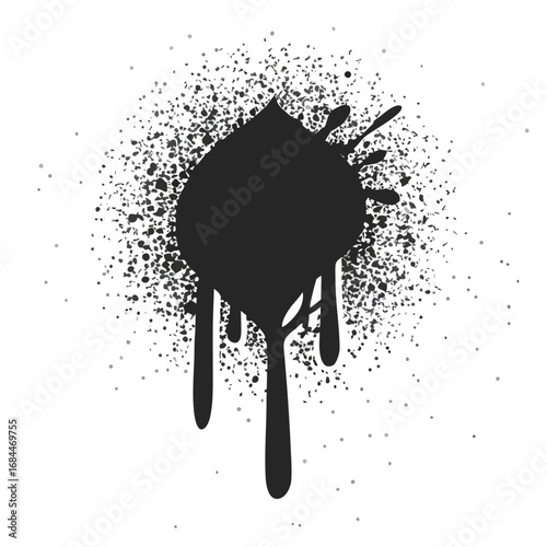 Black ink splatter with dripping effect and scattered particles spray