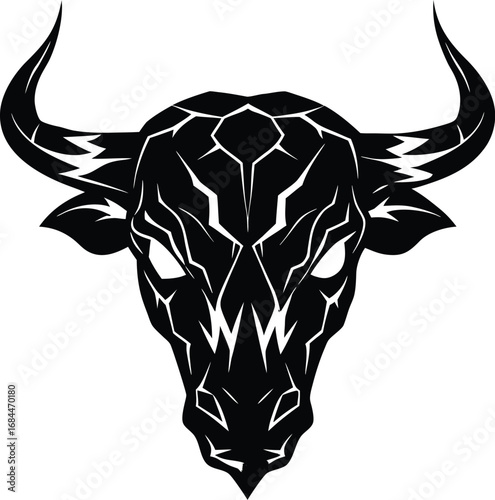 Vector art of stylized black bull head with sharp horns and geometric patterns, , fierce expression