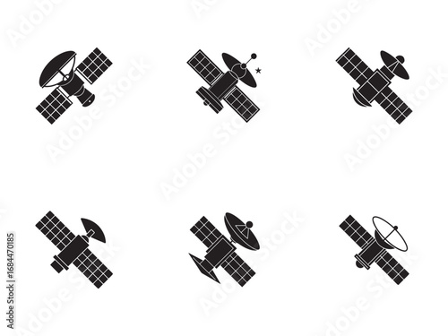 Satellite icons set in flat style different designs for space exploration and telecommunications on white background