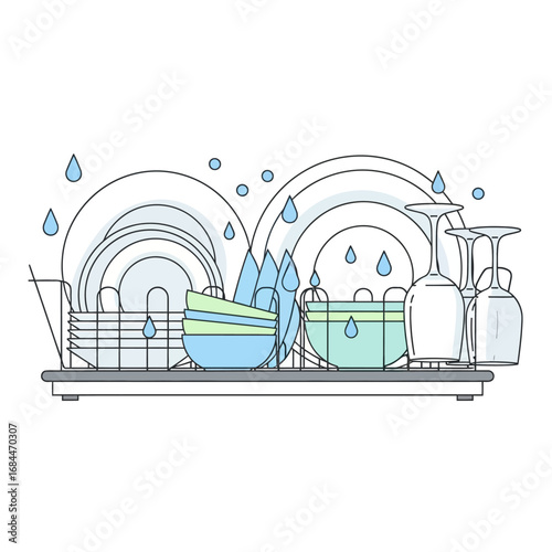 Clean dishware after washing, dishes, glasses and bowls on the rack drying after wash