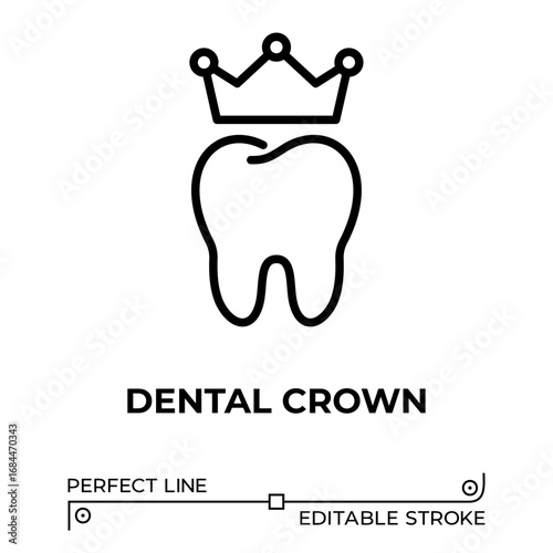 Vector line icon related to dental crown. Perfect Line. Editable Stroke.