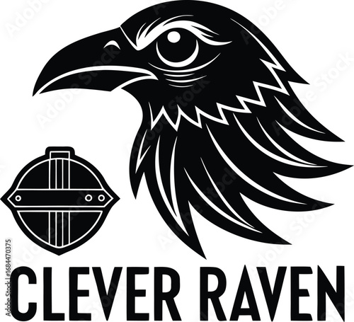 Vector art of a bold black and white illustration featuring a ravens head next to a shield emblem, with the text clever raven below, isolated on a