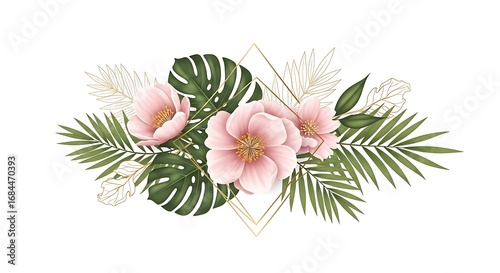 Elegant Floral Arrangement with Pink Flowers, Gold Accents, and Tropical Leaves