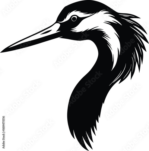 Vector art of closeup silhouette of a birds head and neck, possibly a heron or similar water bird, in black and white graphic style