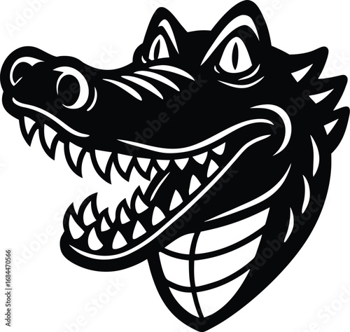 Vector art of aggressive alligator mascot head with sharp teeth and menacing eyes, stylized black and white graphic design, perfect for sports teams or logos